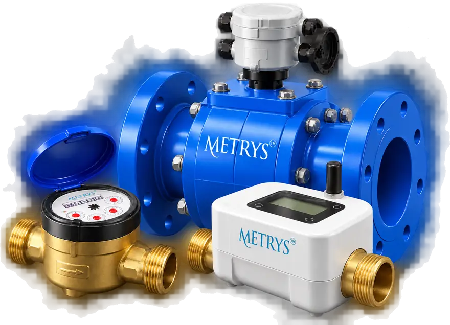 Three kinds of water meter technology from Metrys: a brass mechanical meter, a white smart meter with a display, and a large blue flanged flow meter