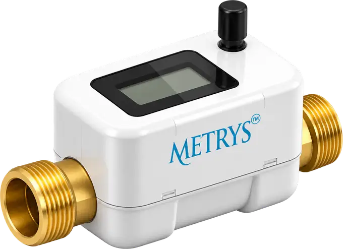 Illustration of an ultrasonic water meter body with its display
