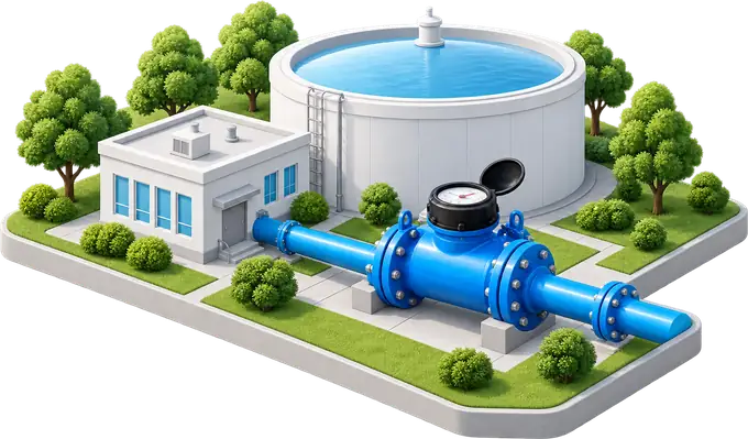 A bulk water meter on the main leaving a treatment plant and reservoir.
