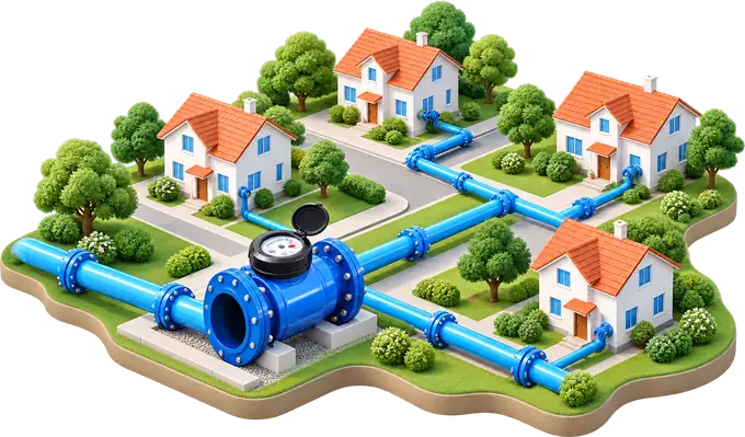 A district meter on the pipe feeding a zone of houses.