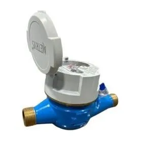A Metrys multi-jet dry-dial water meter, its register lid hinged open, on a blue body with brass threaded tailpieces.