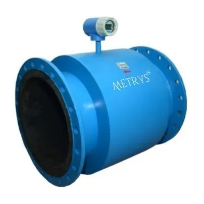 A large-bore Metrys electromagnetic flow meter with a flanged blue body and an integrally mounted transmitter.