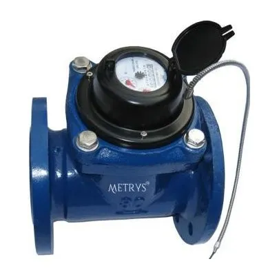 A Metrys Woltmann bulk water meter in a flanged cast-iron body, register lid open, with a pulse cable coiled beside it.