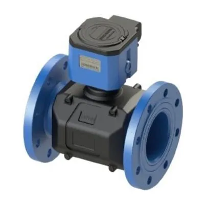 An inline ultrasonic flow meter with a flanged blue body, a moulded measuring section and a top-mounted register.