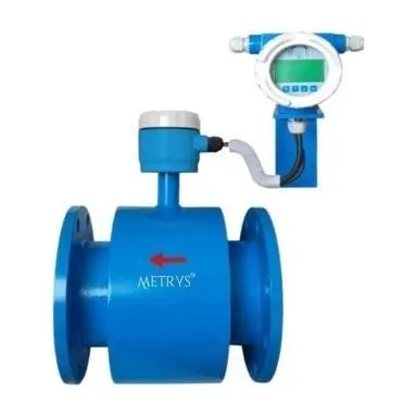 A Metrys electromagnetic flow meter with its transmitter mounted away from the tube and joined by an armoured cable.