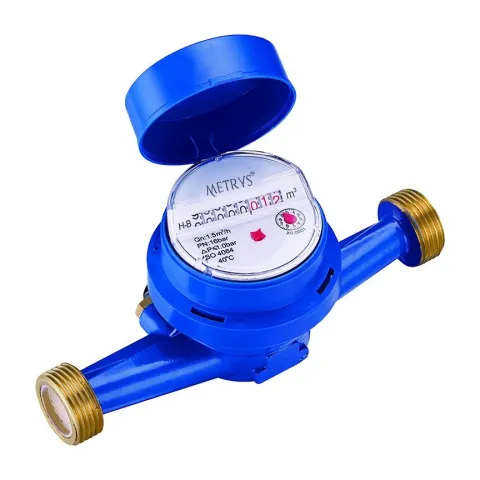 A Metrys single-jet water meter in blue, with brass threaded tailpieces and the register lid open.