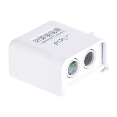 A Metrys M-Bus surge protector in a white enclosure with two cable glands.