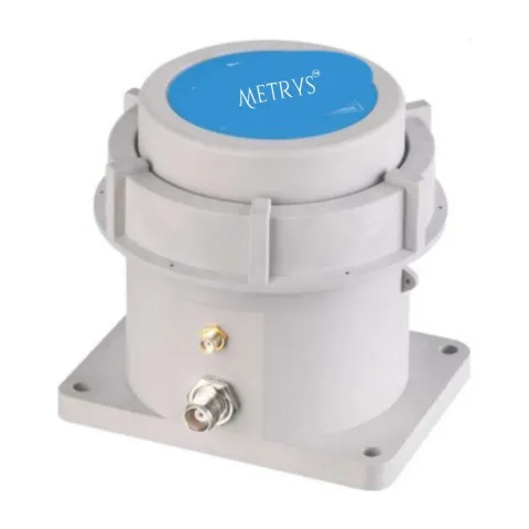 A Metrys NB-IoT data terminal: a grey cylindrical housing on a square mounting flange, with antenna connectors.