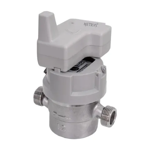 A Metrys NB-IoT drinking water meter with a stainless steel body and a grey communication module over the register.