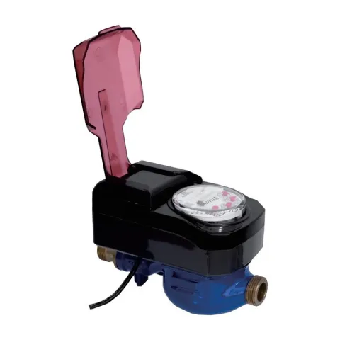 A Metrys wired photoelectric direct-reading water meter with a built-in valve, black register housing, open red lid and signal cable.