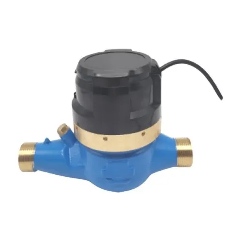 A Metrys wired photoelectric direct-reading water meter with a black register cap, signal cable and blue threaded body.