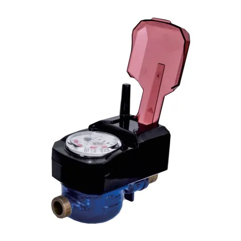 A Metrys wireless photoelectric direct-reading water meter with a built-in valve, antenna and open red lid.