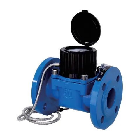 A Metrys photoelectric direct-reading Woltmann meter with a flanged blue body and an armoured signal cable.