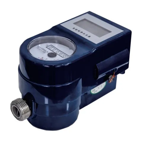 A Metrys prepaid drinking water meter in a dark blue housing with an LCD display and card reader.