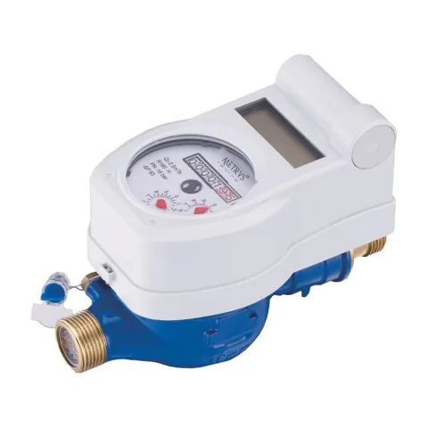 A Metrys contactless-card prepaid water meter with a white register housing and LCD display on a blue body.