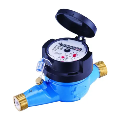 A Metrys R160 multi-jet dry-dial water meter with a black register cap, open lid and blue body with brass tailpieces.