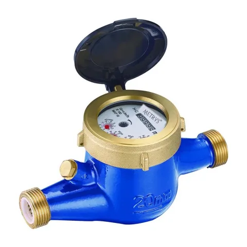 A Metrys R160 multi-jet water meter with a brass register ring and liquid-sealed number wheels on a blue body.