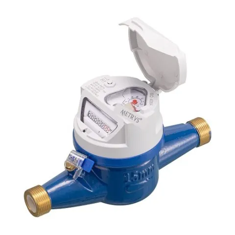 A Metrys R160 multi-jet water meter with a white pulse-ready register and open lid on a blue body.