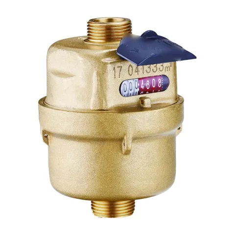 A Metrys R160 volumetric water meter with a brass body, roller register and blue hinged lid.