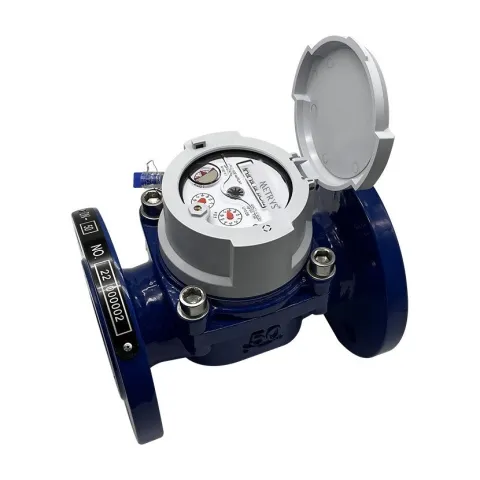 A Metrys R160 Woltmann bulk water meter with a flanged dark blue body and a grey pulse-ready register.