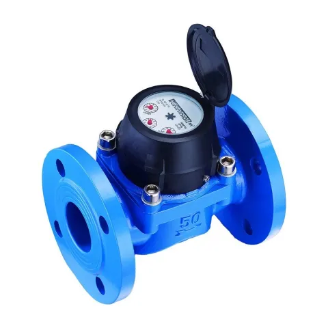 A Metrys R160 Woltmann bulk water meter with a flanged blue body and a black register cap.