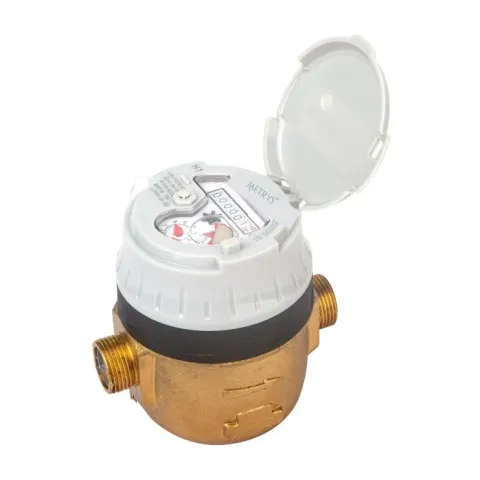 A Metrys R200 horizontal volumetric water meter with a brass body and a white register cover.