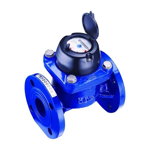 A Metrys sewage water meter with a flanged blue Woltmann body and a black register cap.