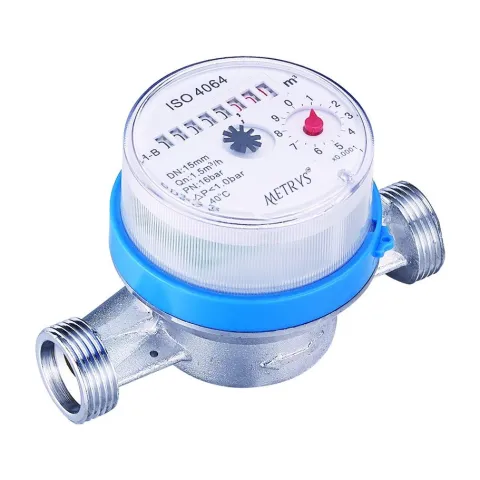 A Metrys short-body single-jet water meter with a clear register cover on a light blue ring and threaded tailpieces.