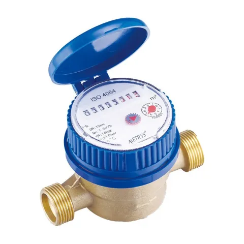 A Metrys single-jet water meter with a brass body and a blue register ring and lid.