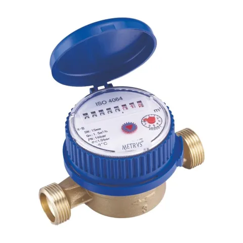 A Metrys single-jet dry-dial cold water meter with a brass body and a blue register ring and lid.