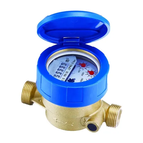 A Metrys single-jet liquid-sealed water meter with a brass body and a blue register ring and lid.