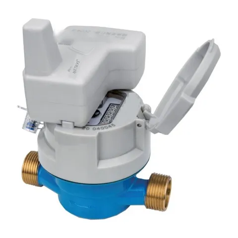 A Metrys single-jet smart water meter with a grey radio module over the register and a blue body.