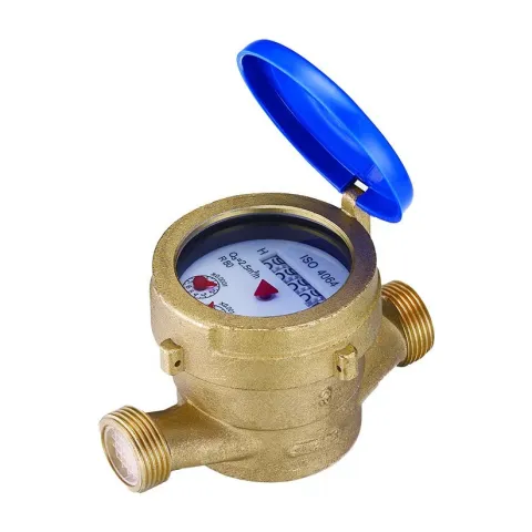 A Metrys single-jet wet-dial water meter with a brass body and a blue hinged lid.
