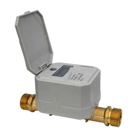 A Metrys ultrasonic water meter with an LCD display in a grey housing, lid open, and brass tailpieces.
