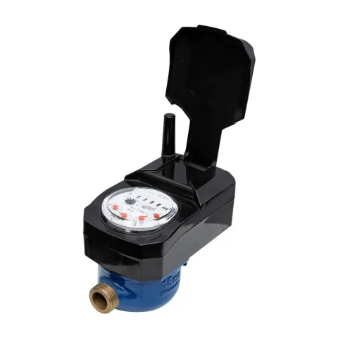 A Metrys ultrasonic water meter with a built-in valve, black register housing, antenna and open lid.