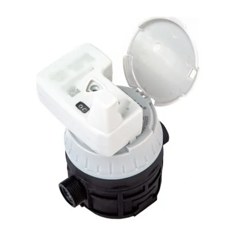 A Metrys volumetric water meter with a white communication module on the register and a black body.