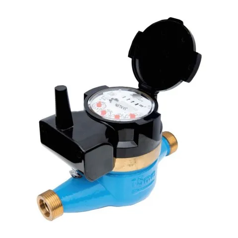A Metrys wireless-reading water meter with a black radio module and antenna beside the register.
