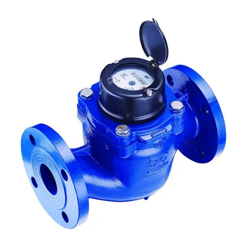 A Metrys Woltmann hot water meter with a flanged blue body and a dark register cap.