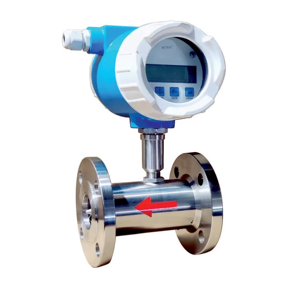 A Metrys turbine flow meter with a polished stainless steel flanged body and red flow arrow under a blue and white transmitter head with an LCD and three keys.