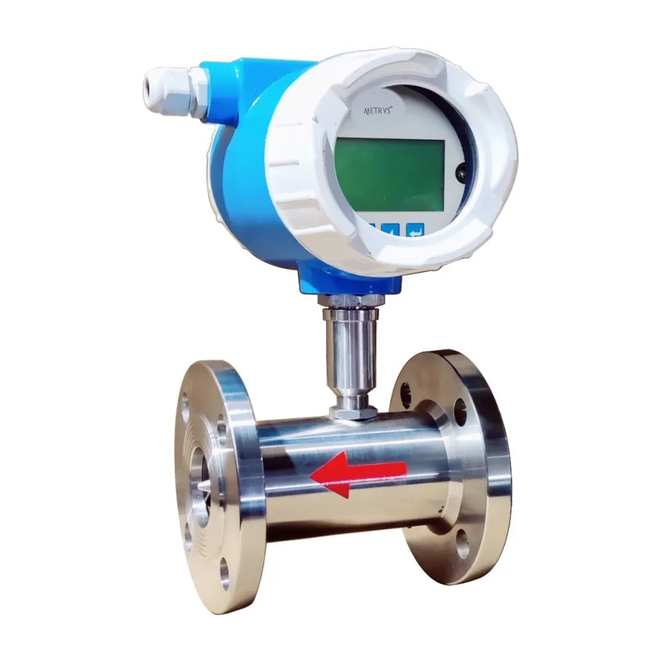 A Metrys turbine flow meter, a stainless steel flanged body with a red flow arrow beneath a blue and white transmitter with a green LCD.