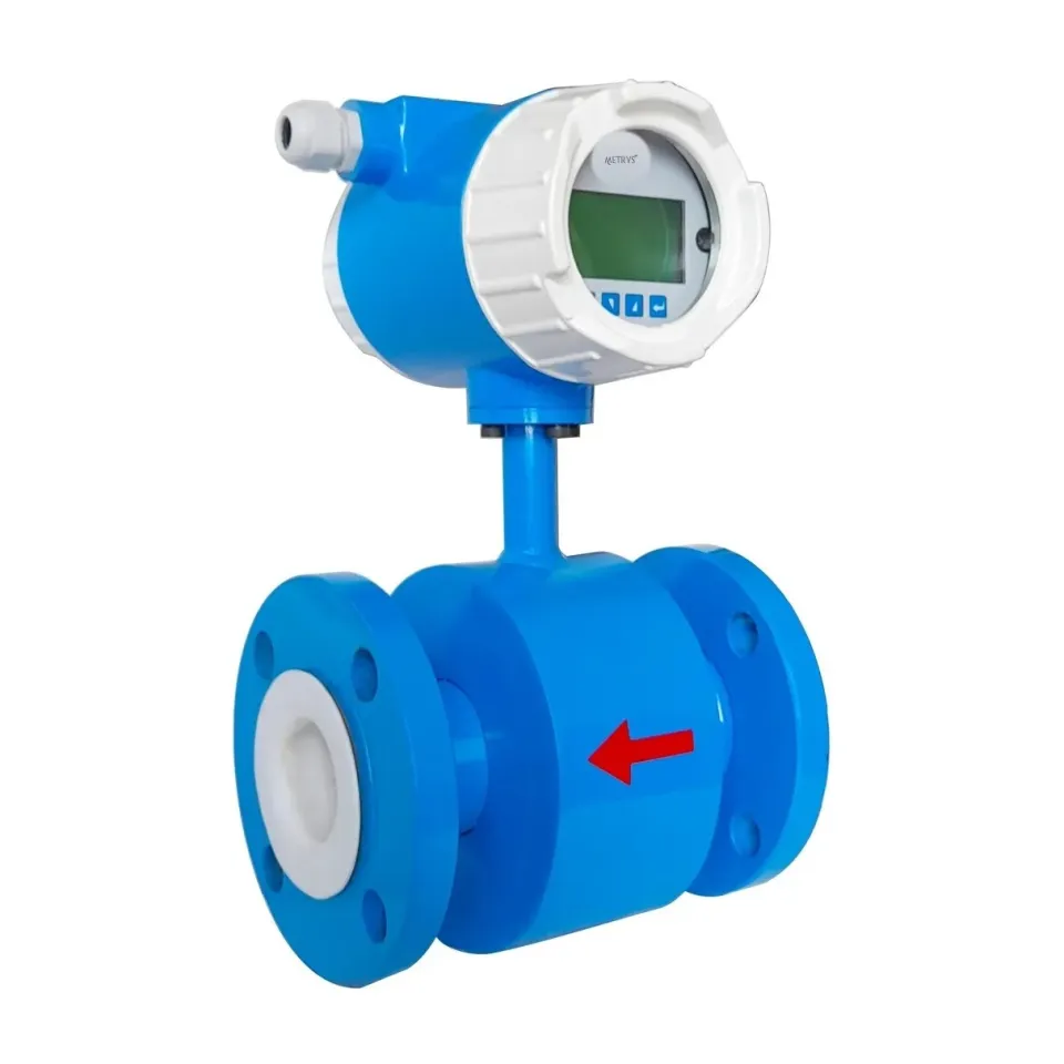 A Metrys electromagnetic flow meter with a blue flanged body, a white lining in the bore and a blue and white transmitter head with a green LCD.
