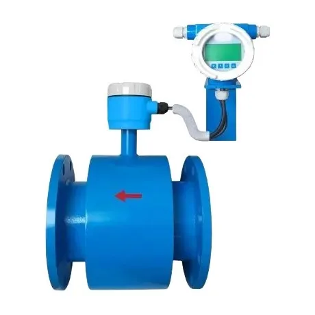 A Metrys electromagnetic flow meter with a blue flanged tube and its transmitter on a separate bracket, joined to the tube by a grey cable.