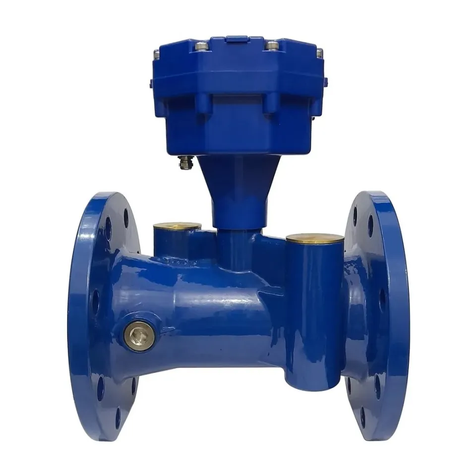A Metrys ultrasonic bulk water meter with a blue flanged body, two brass-capped transducer ports and a blue electronics head.