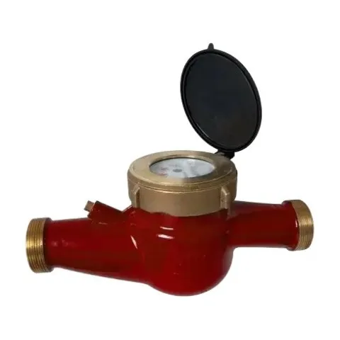 A Metrys multi-jet hot water meter with a red body, brass threaded ends, a brass register ring and its black lid open.