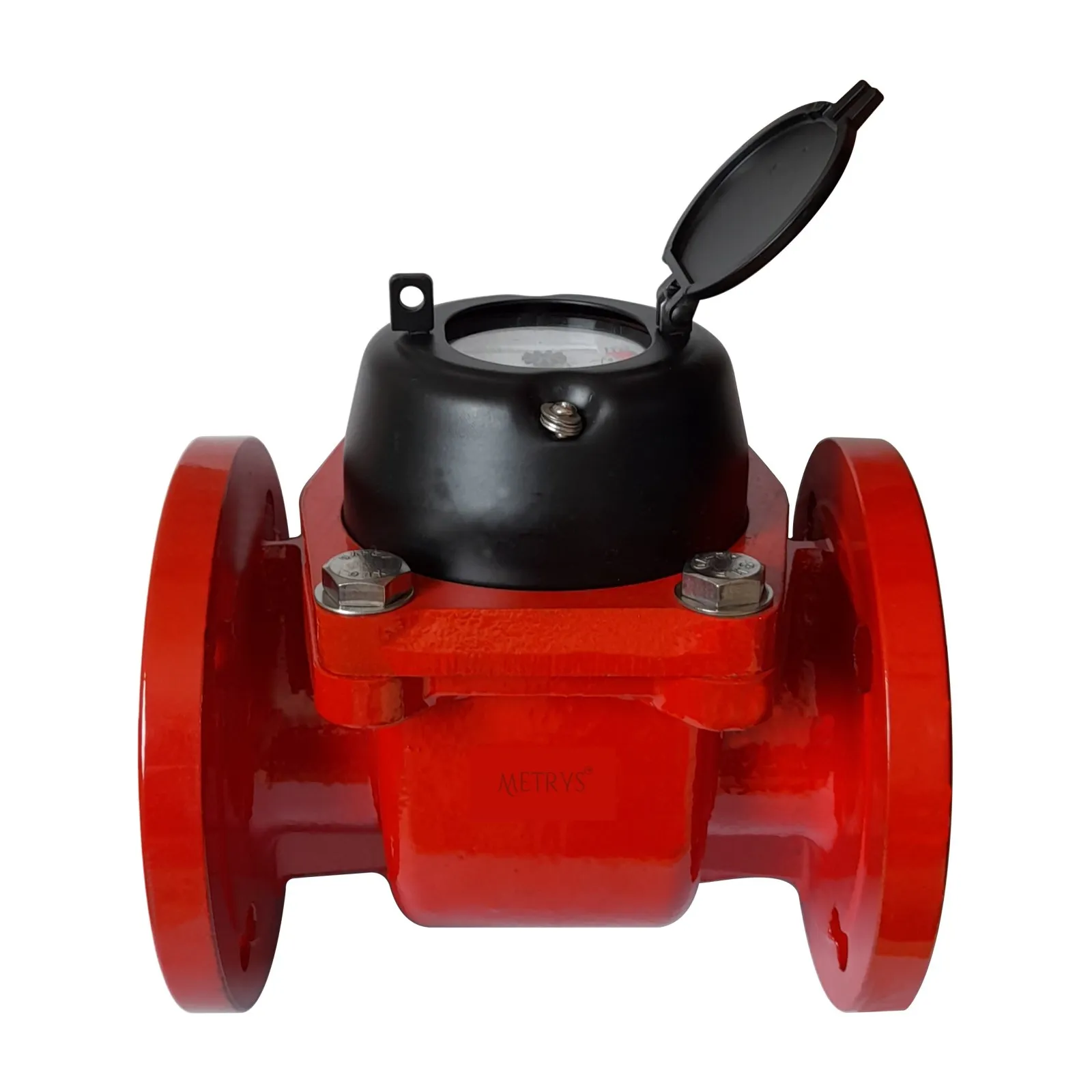 A Metrys Woltman super hot water meter with a red flanged body, bolted cover and a black register housing with its lid open.