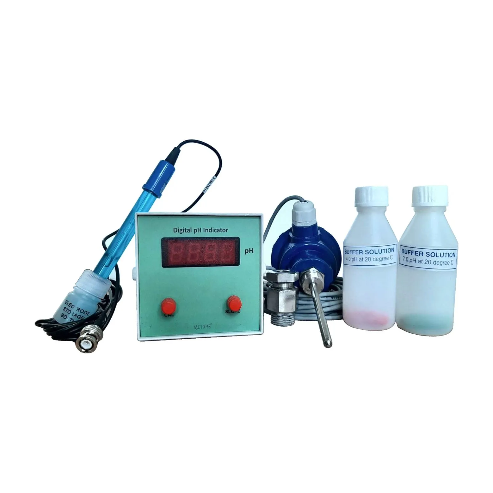 A Metrys digital pH indicator with a green front panel, shown with its pH electrode, temperature probe and two bottles of buffer solution.