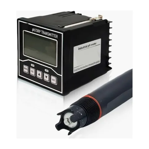 A Metrys pH/ORP transmitter in a black square panel case with an LCD and five keys, beside a black pH electrode.