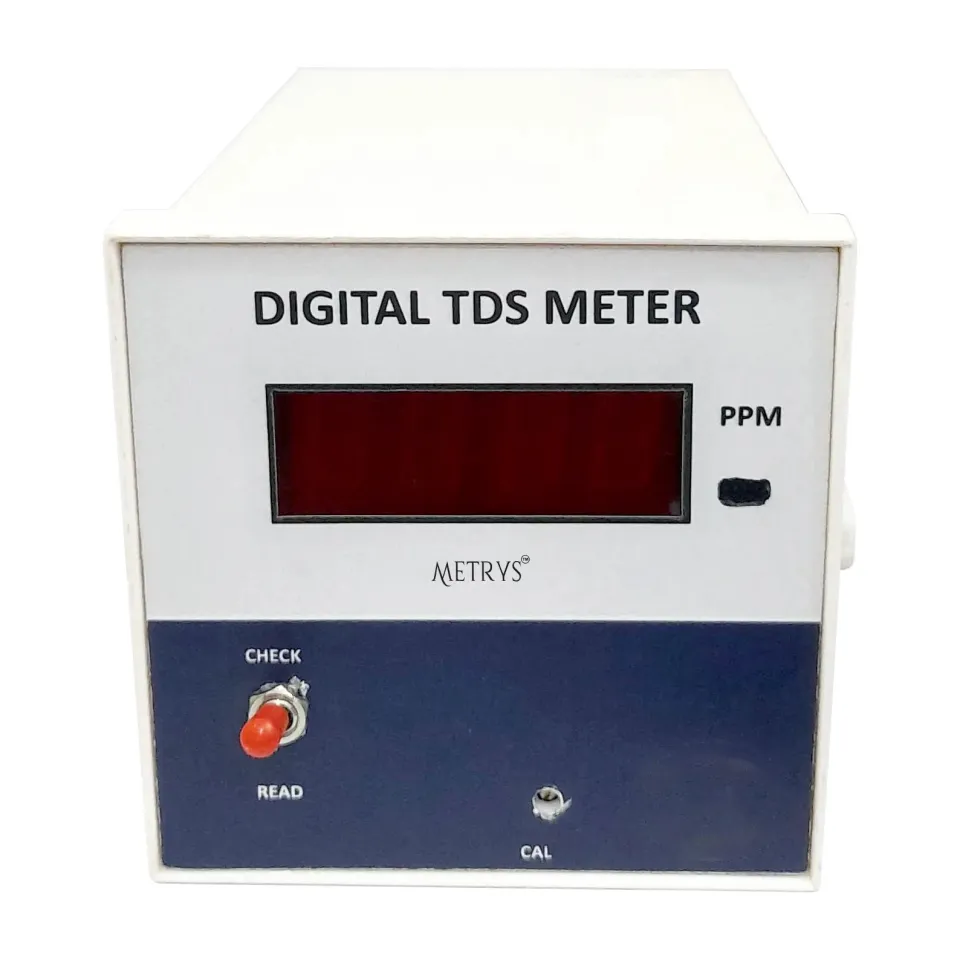 A Metrys digital TDS meter in a white square case with a red LED display marked PPM, a check/read toggle switch and a calibration adjuster.