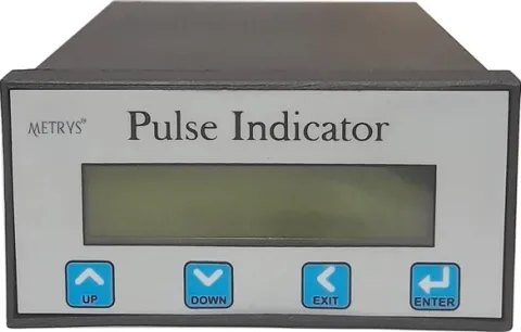 A Metrys pulse indicator in a dark grey case, with a light grey front panel, a wide LCD and four blue keys marked UP, DOWN, EXIT and ENTER.