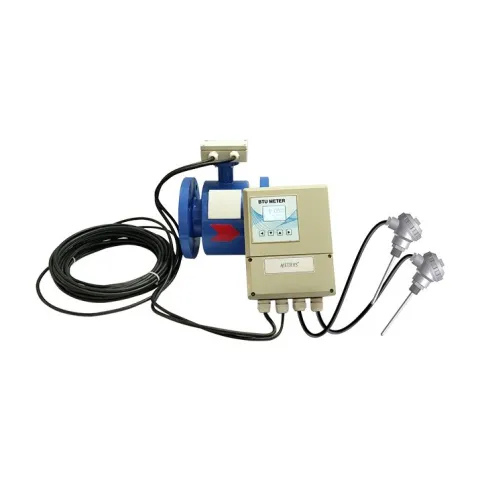 A Metrys BTU energy meter set: a blue flanged electromagnetic flow sensor with a coiled black cable, a beige wall-mounted calculator with an LCD and four keys, and a pair of temperature sensors with metal heads.